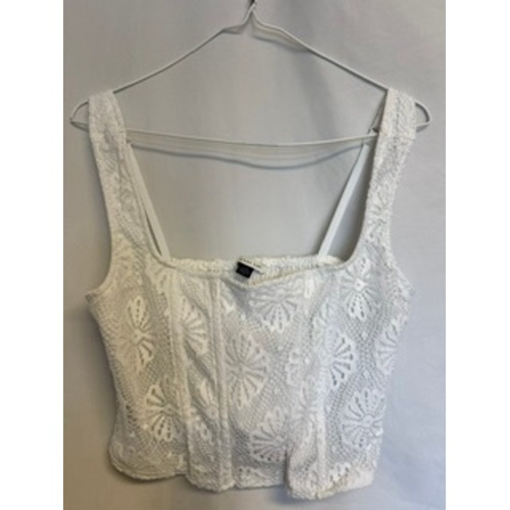American Eagle White Floral Lace Corset Crop Top Smocked Back Large Fairycore